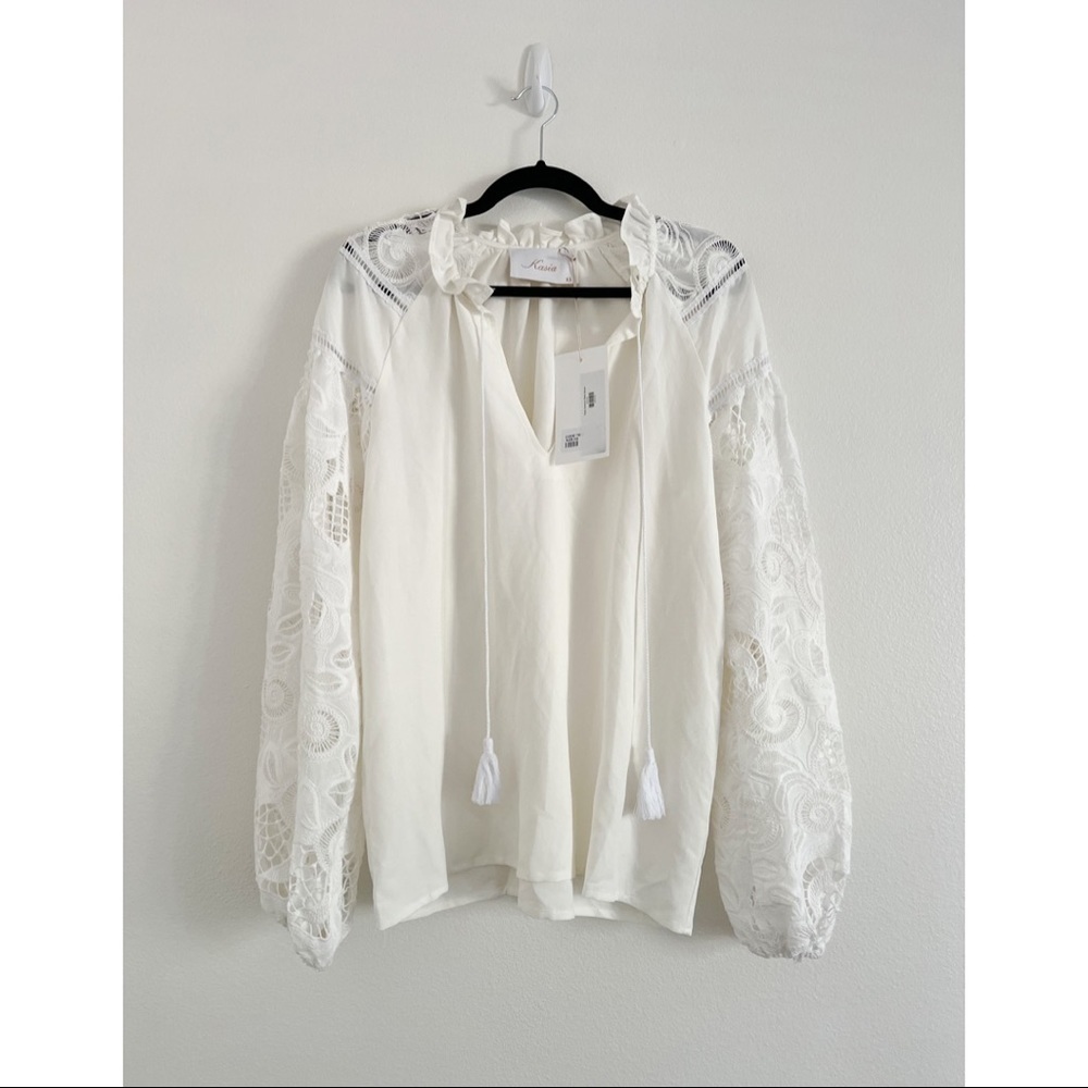NWT Kasia White Linen Crochet Long Sleeve Tunic Cover Up Blouse XS - Picture 3 of 5
